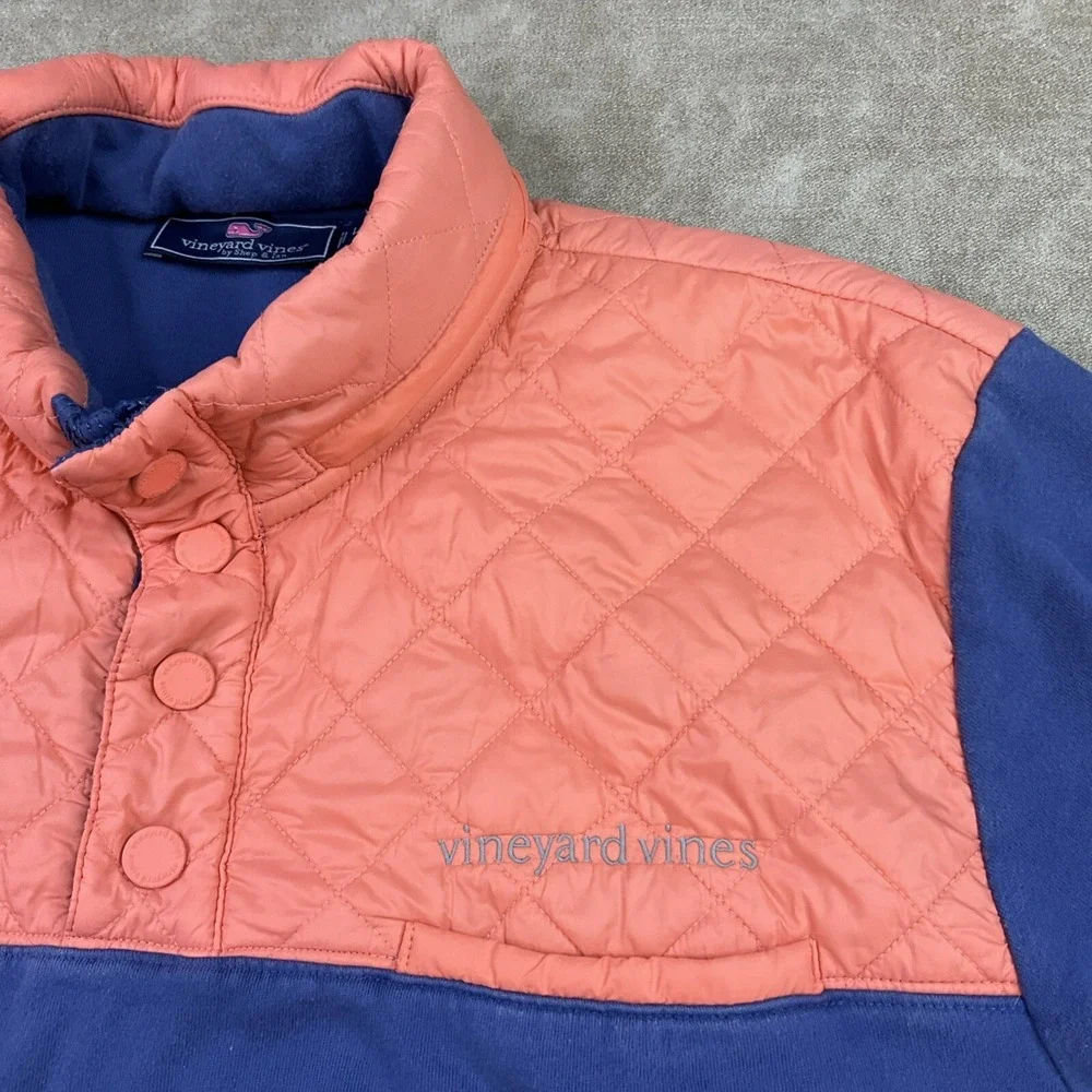 Vineyard Vines Sweater Men Sz L 1/4 Snap Pullover Hooded Quilted Blue Orange